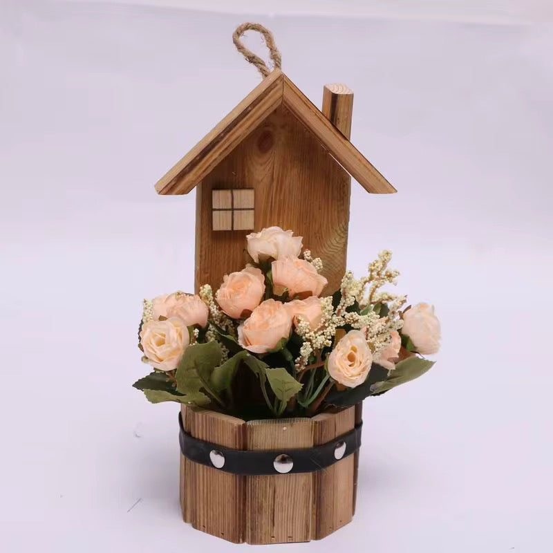 Rustic Wooden House Flower Pot Décor