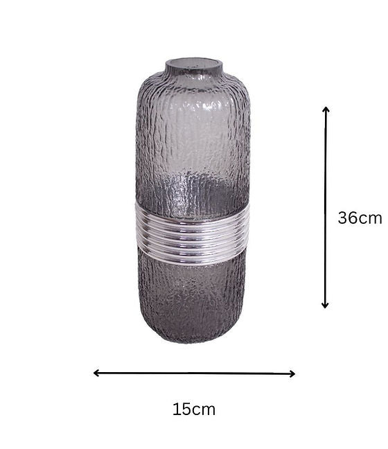 Textured Smoky Glass Vase with Silver Band