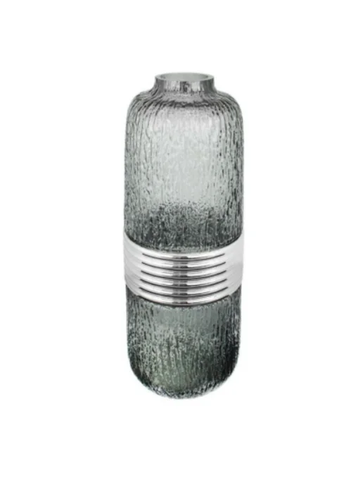 Textured Smoky Glass Vase with Silver Band
