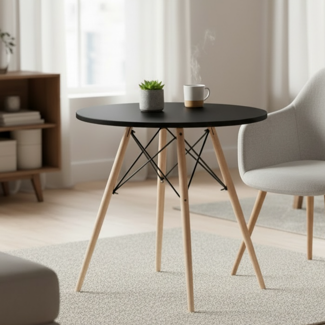 Modern round dining table with high-density MDF top and natural beech wood legs