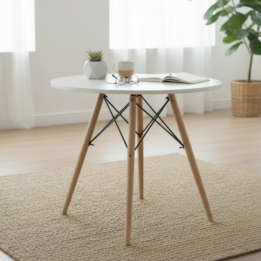 Modern round MDF dining table with beech wood legs and metal frame, water-resistant surface, Scandinavian design