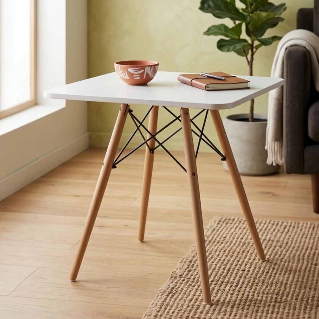 Modern square MDF dining table with beech wood legs and metal frame, water-resistant surface, Scandinavian design