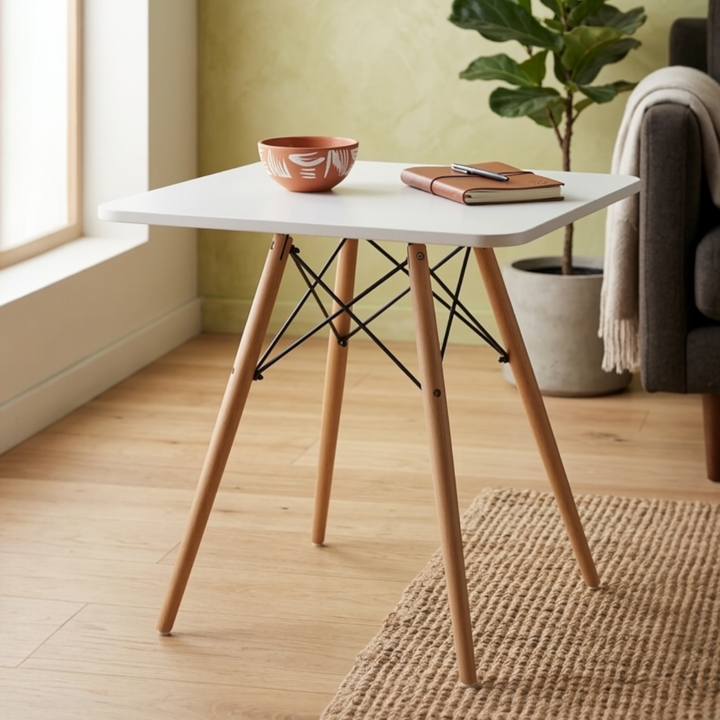 Modern square MDF dining table with beech wood legs and metal frame, water-resistant surface, Scandinavian design