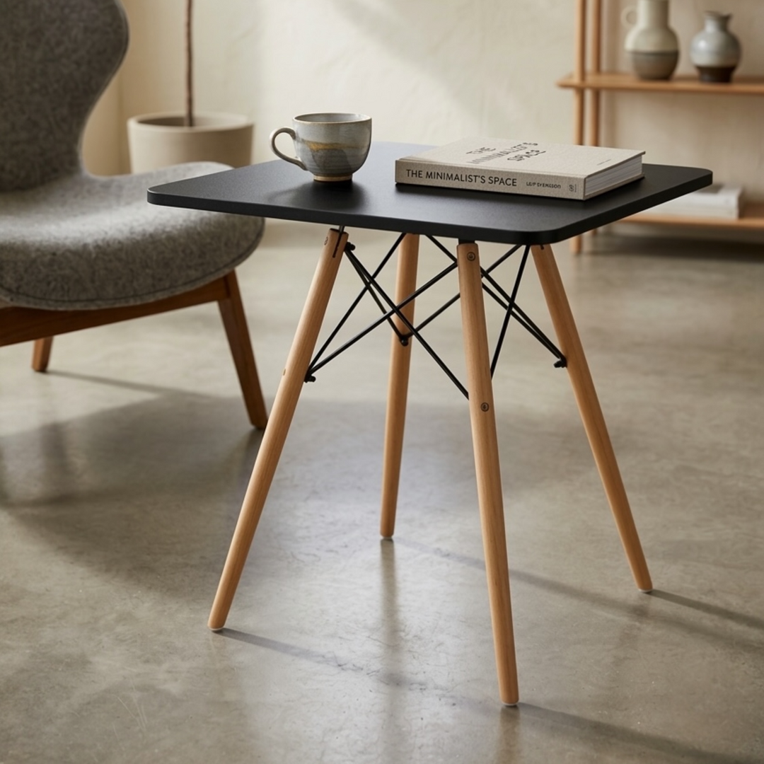 Modern square dining table with high-density MDF top, water-resistant finish, metal frame, and beech wood legs.
