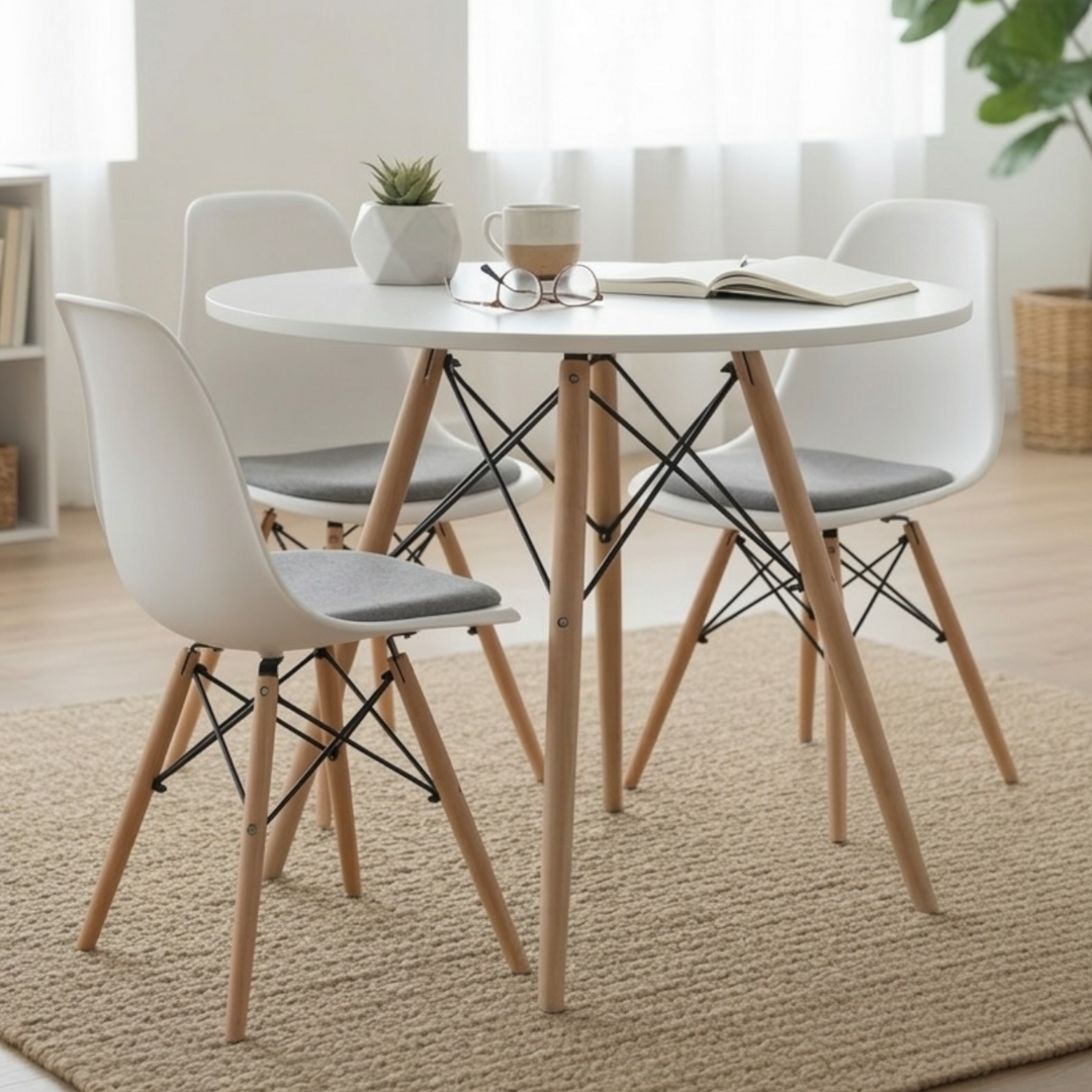 Modern square dining table with high-density MDF top and natural beech wood legs