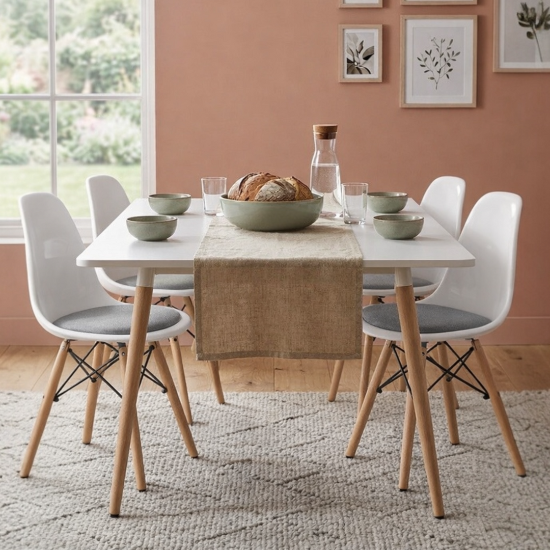 Modern dining table set with MDF tabletop, beech wood legs, and four acrylic chairs