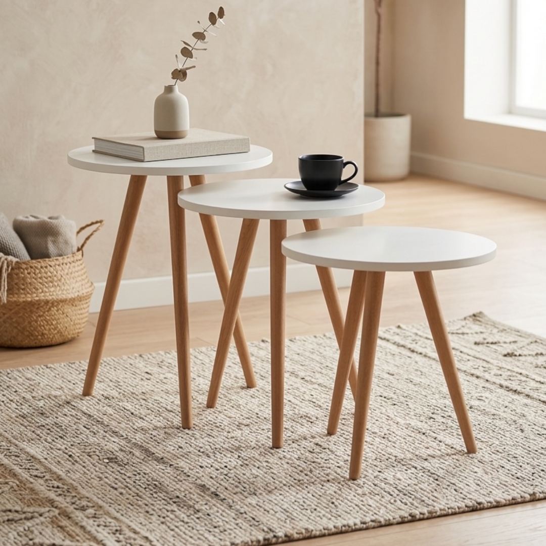Set of 3 modern nesting side tables with MDF tops and beech wood legs
