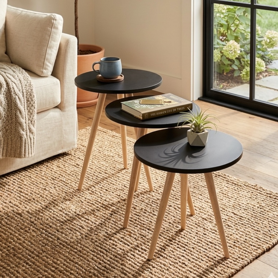 Set of 3 modern nesting side tables with MDF tops and beech wood legs in Scandinavian design
