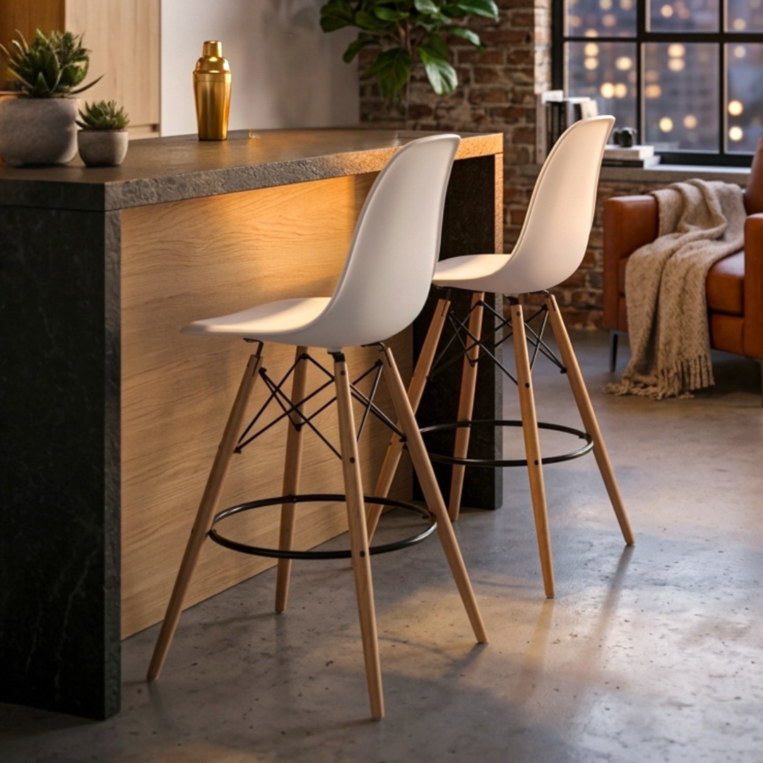 Modern acrylic bar chair with break-resistant seat, metal chassis, beech wood legs, and metal footrest in Scandinavian style