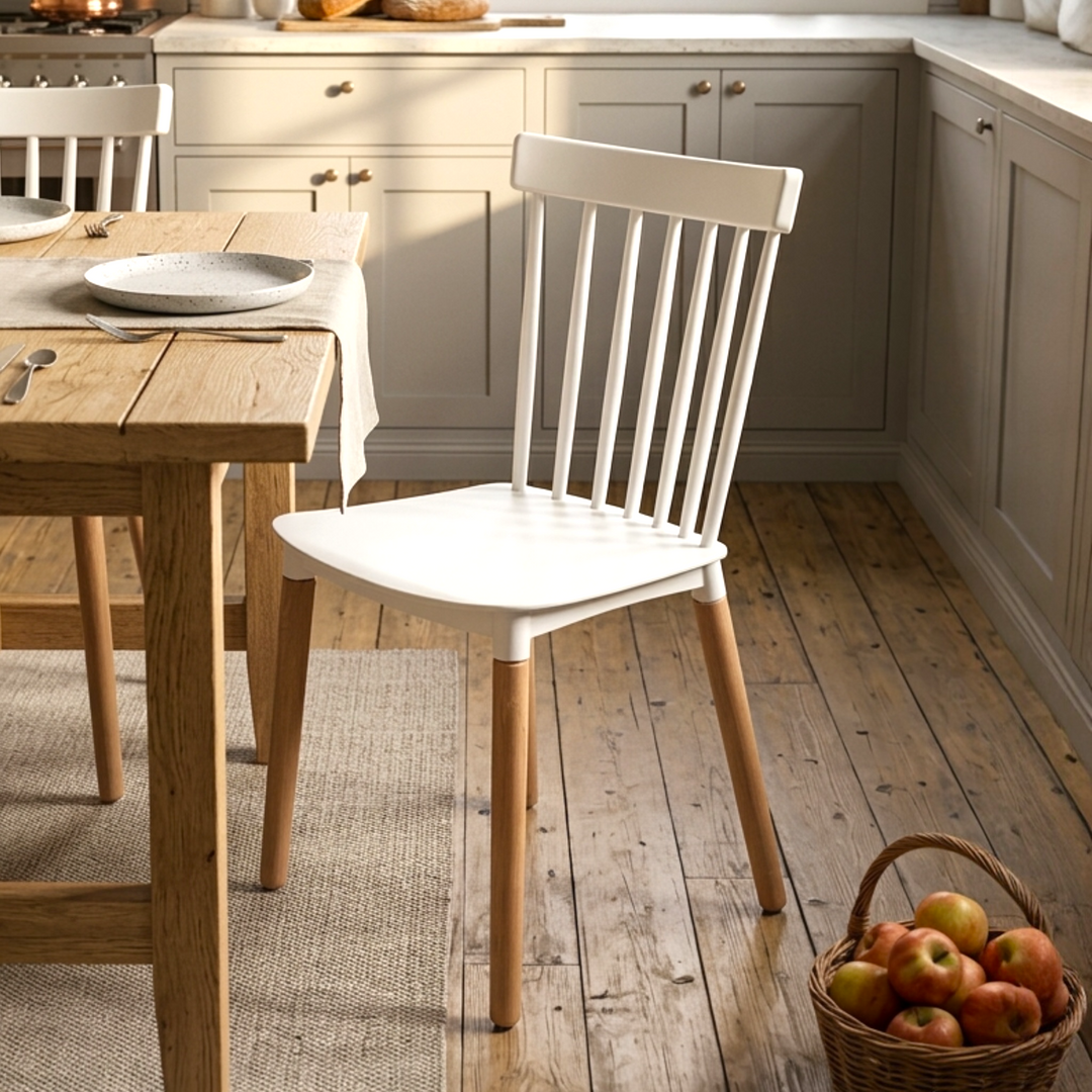 Modern spindle back acrylic dining chair with beech wood legs and Scandinavian design