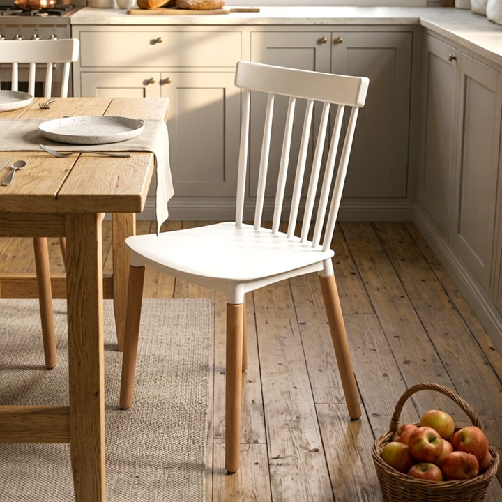 Modern spindle back acrylic dining chair with beech wood legs and Scandinavian design