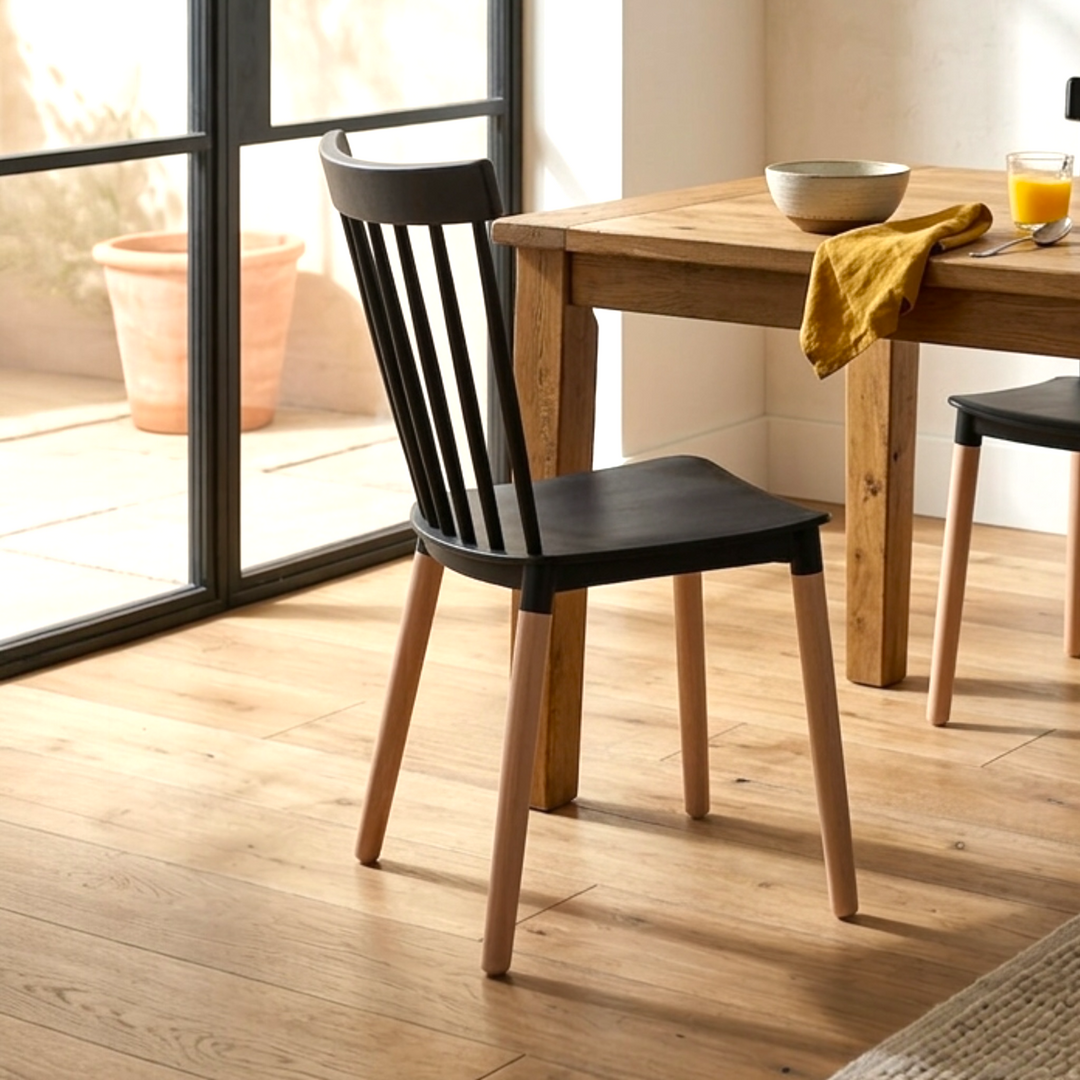 Modern spindle back dining chair with acrylic seat and beech wood legs