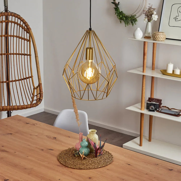 Modern Pendant Light with Geometric Gold Wireframe