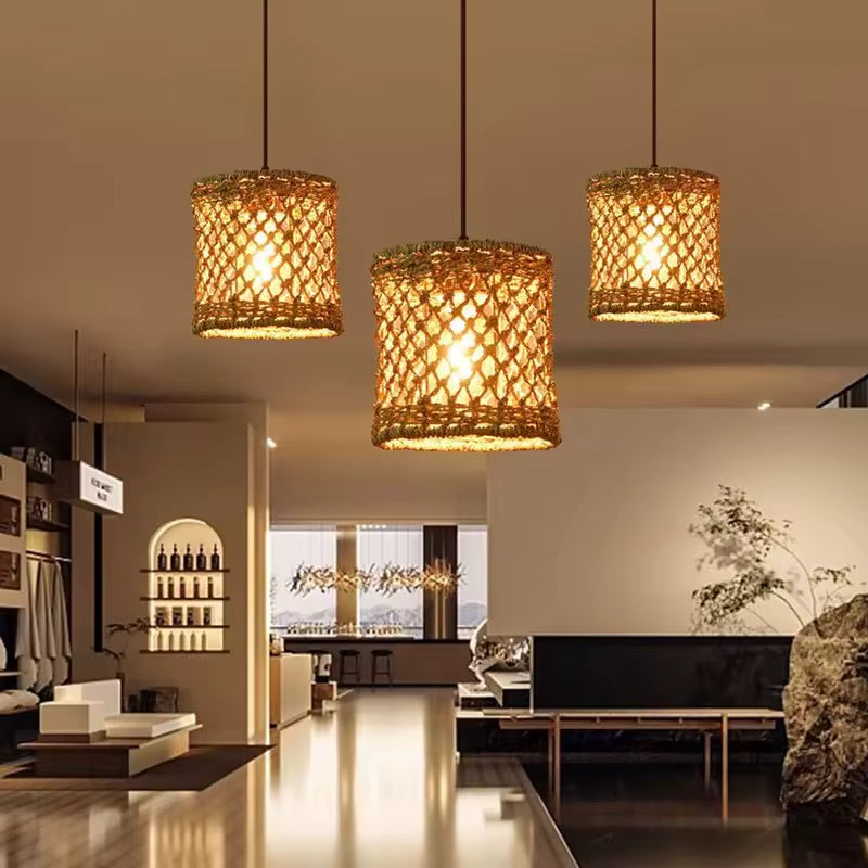 Rustic Woven Rattan Pendant Light Trio