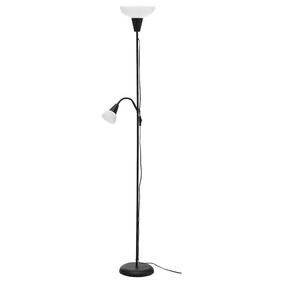 Black floor lamp with a reading light on a white background
