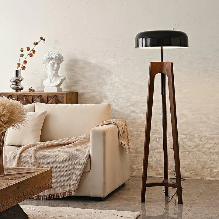 Wood & Black Dome Floor Lamp