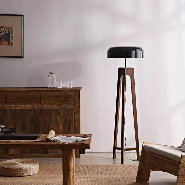Wood & Black Dome Floor Lamp