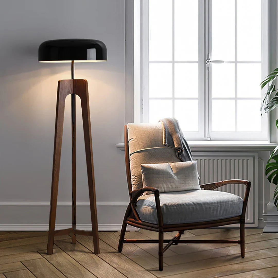 Wood & Black Dome Floor Lamp