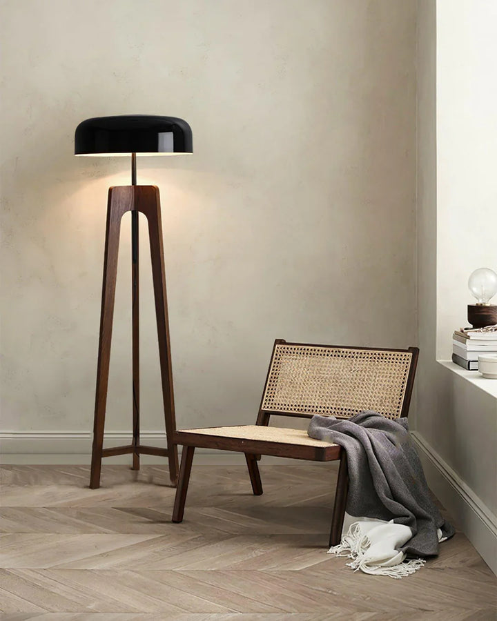 Wood & Black Dome Floor Lamp