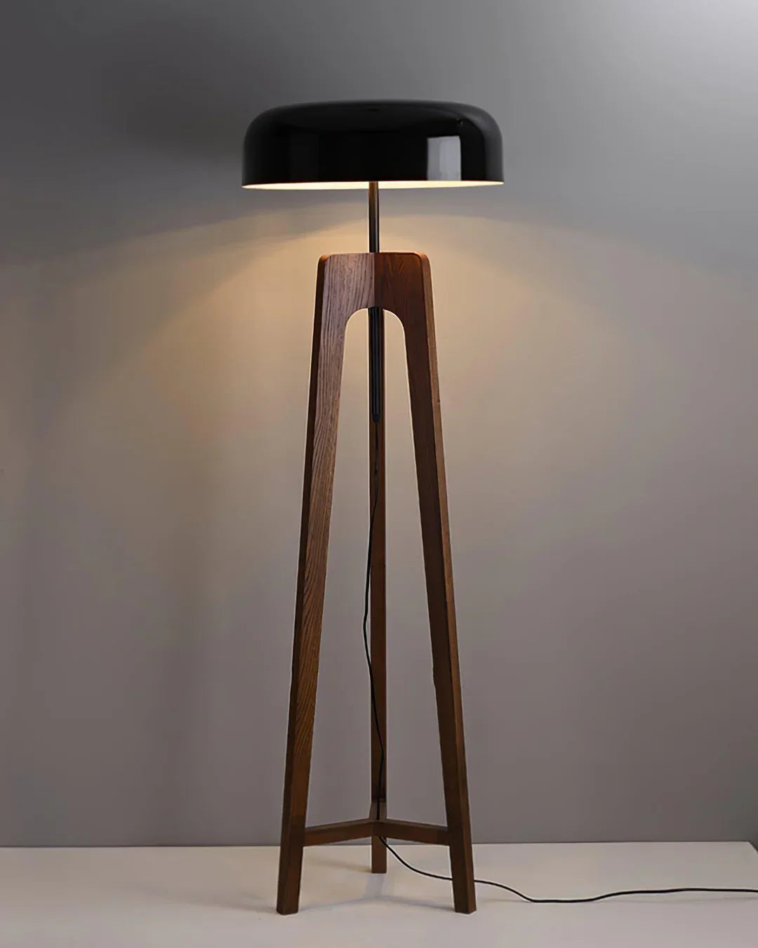 Wood & Black Dome Floor Lamp