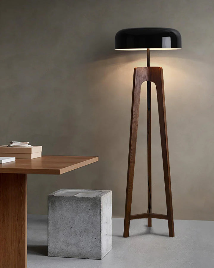 Wood & Black Dome Floor Lamp