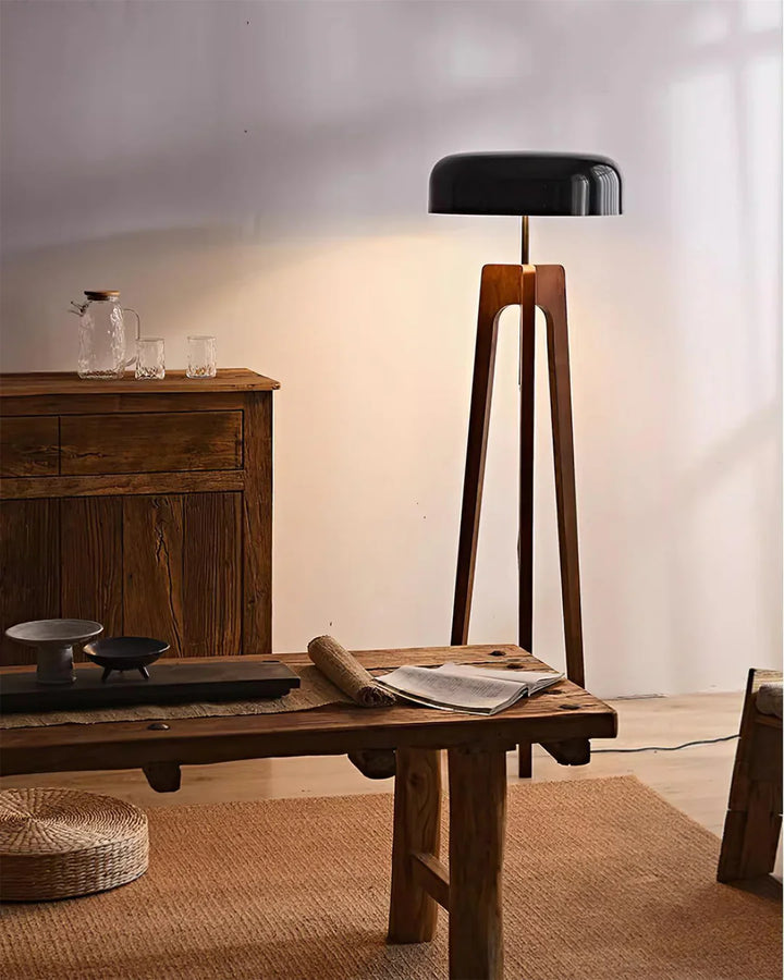 Wood & Black Dome Floor Lamp