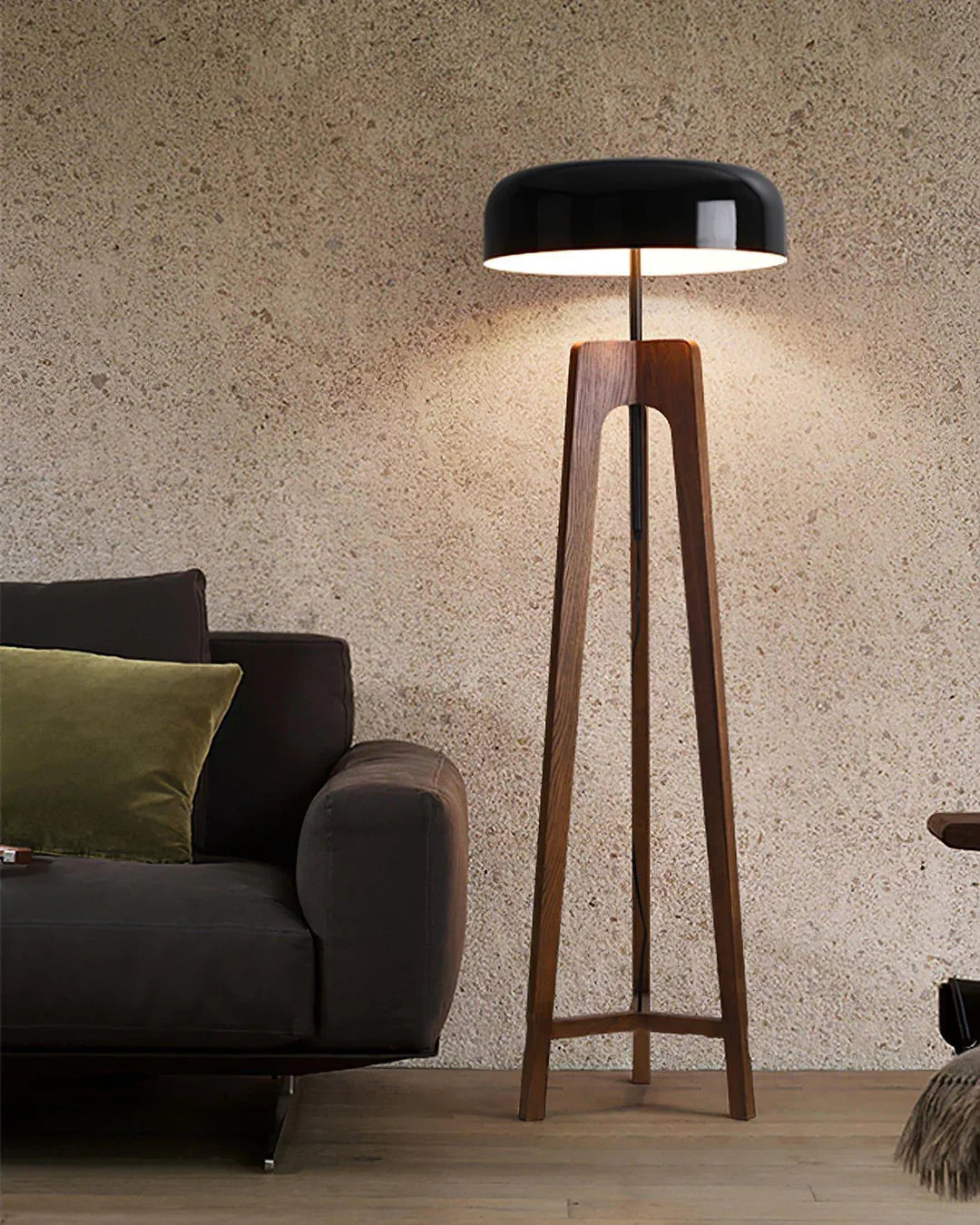 Wood & Black Dome Floor Lamp