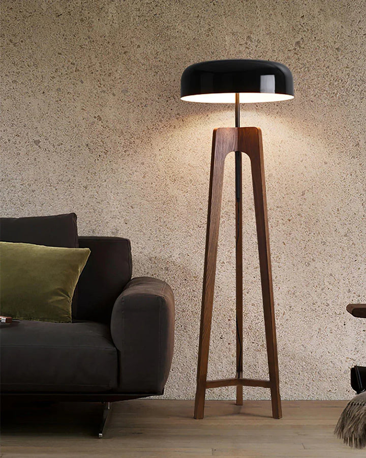 Wood & Black Dome Floor Lamp