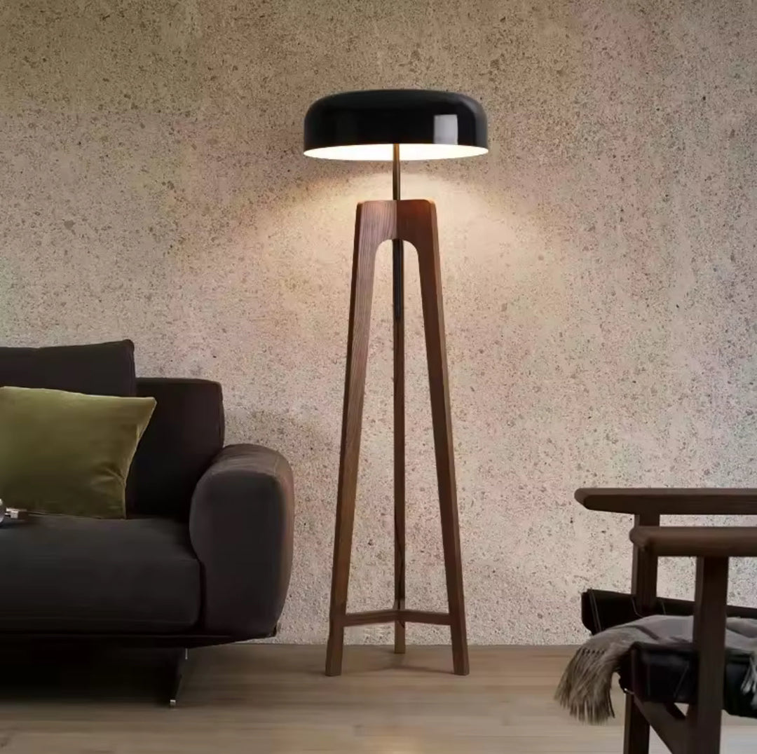 Wood & Black Dome Floor Lamp