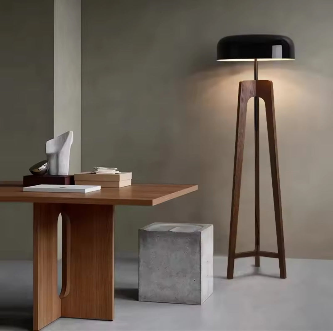 Wood & Black Dome Floor Lamp