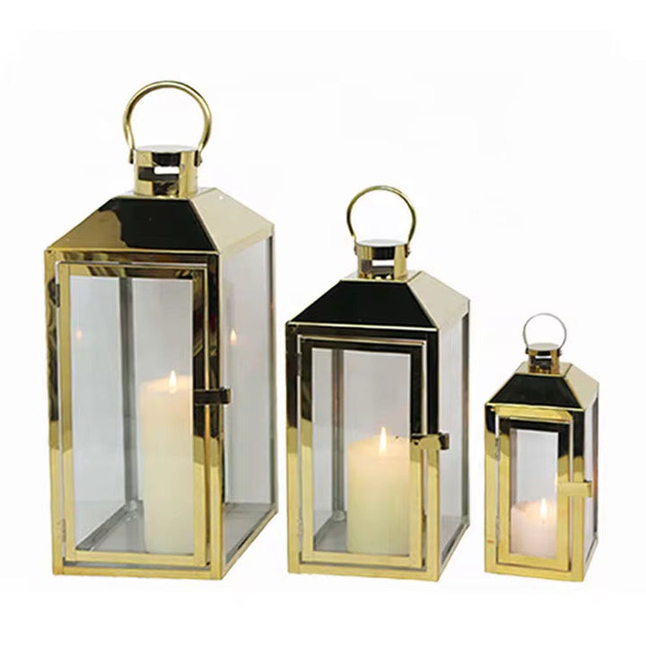 Gold Frame Glass Lantern Set
