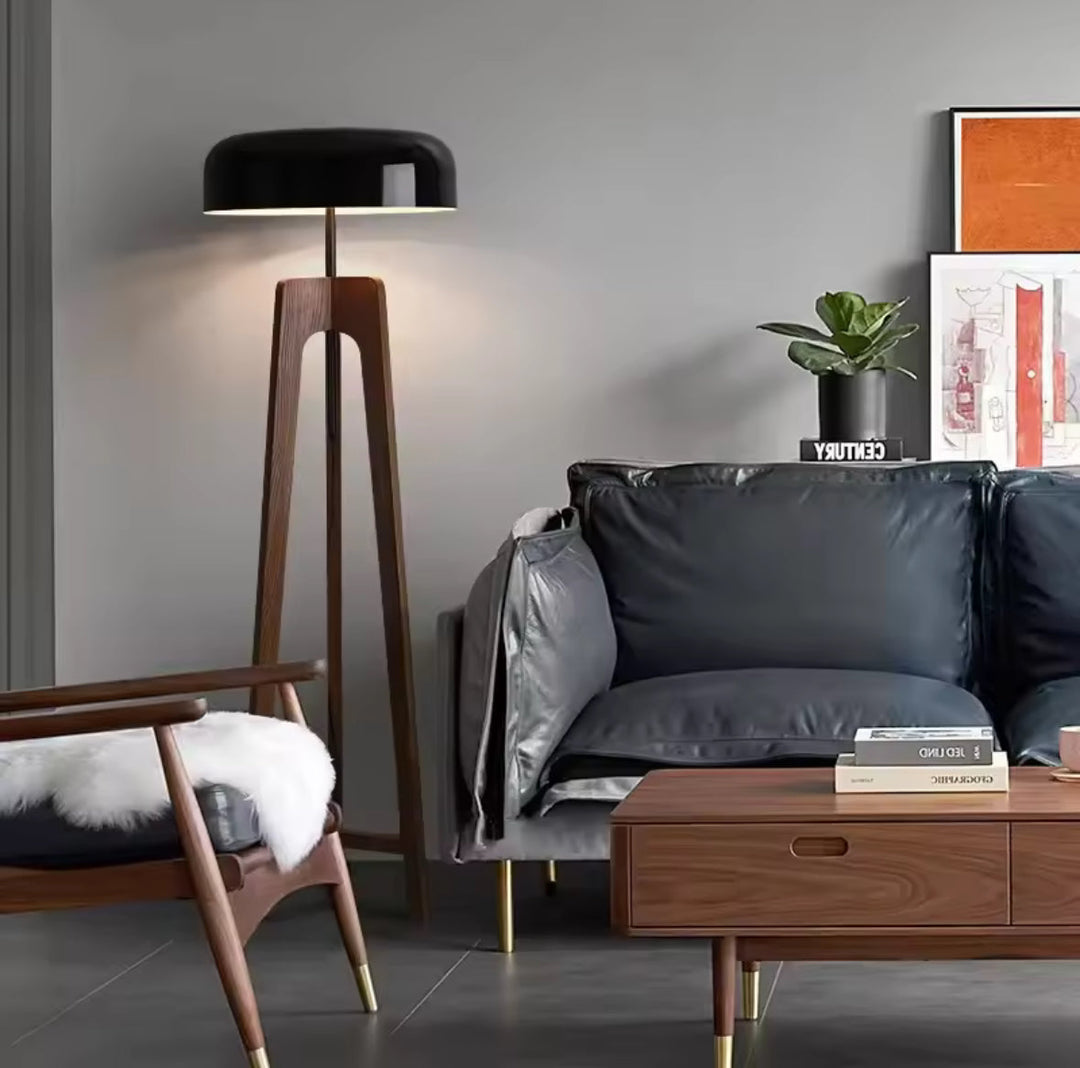 Wood & Black Dome Floor Lamp