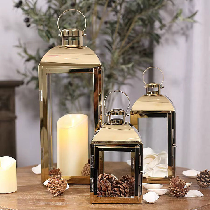 Gold Frame Glass Lantern Set