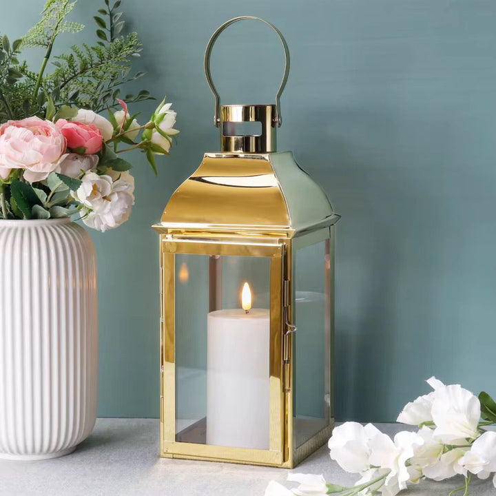 Gold Frame Glass Lantern Set