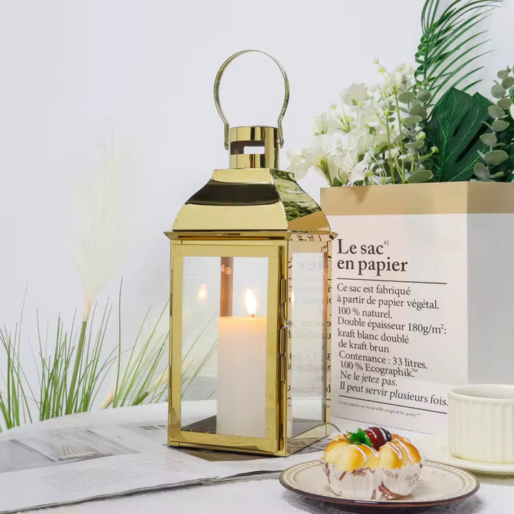 Gold Frame Glass Lantern Set