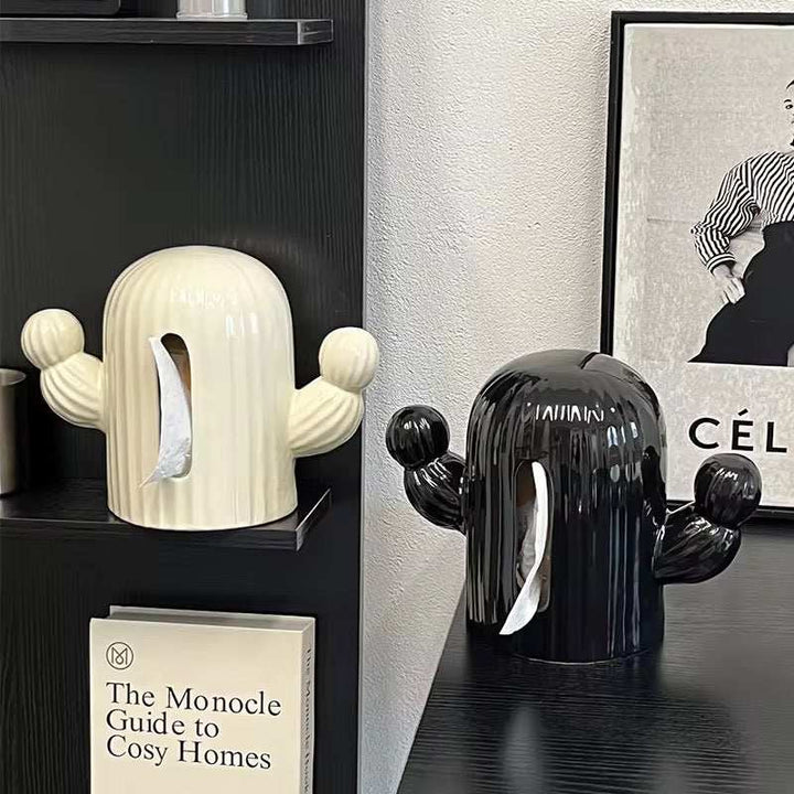 Cactus design tissue box cover in glossy black and cream finishes for modern decor