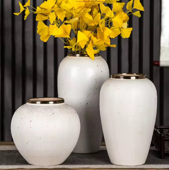 White Ceramic Vase Set with Gold Rim set of 3