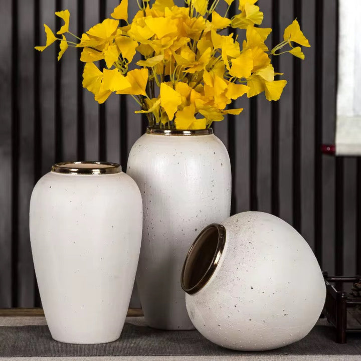 White Ceramic Vase Set with Gold Rim set of 3