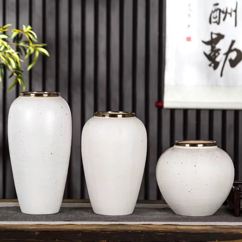 White Ceramic Vase Set with Gold Rim set of 3