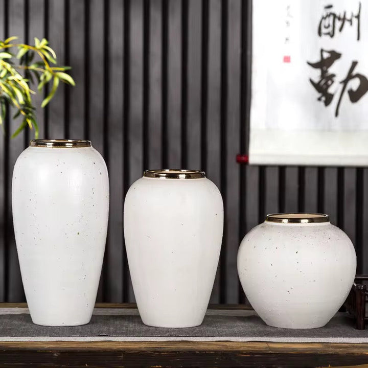 White Ceramic Vase Set with Gold Rim set of 3