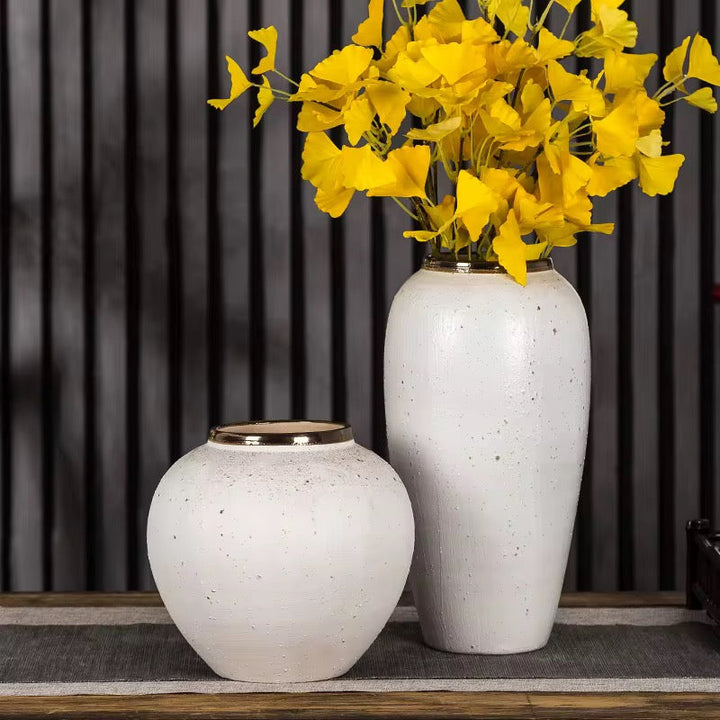 White Ceramic Vase Set with Gold Rim set of 3