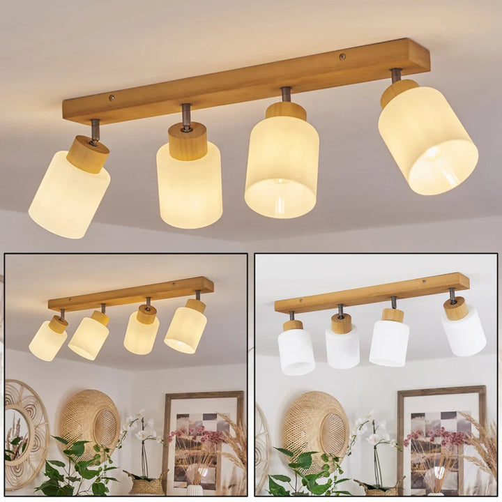 Scandinavian Ceiling Light with Wooden Base and Frosted Glass Shades