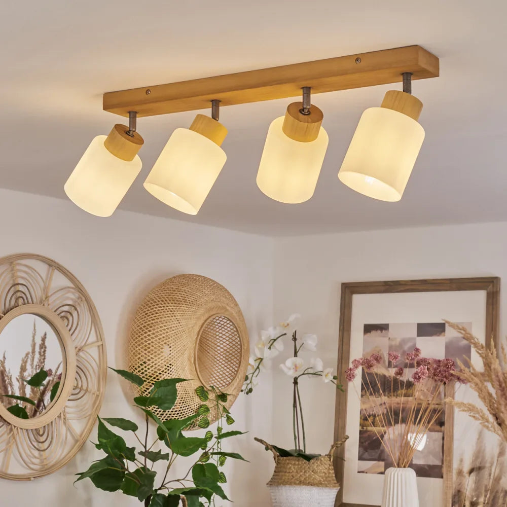 Scandinavian Ceiling Light with Wooden Base and Frosted Glass Shades