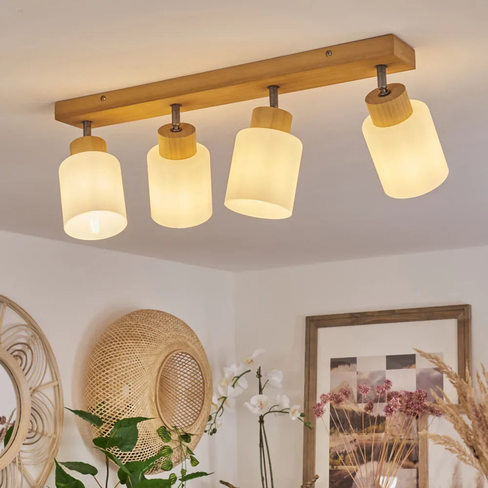 Scandinavian Ceiling Light with Wooden Base and Frosted Glass Shades