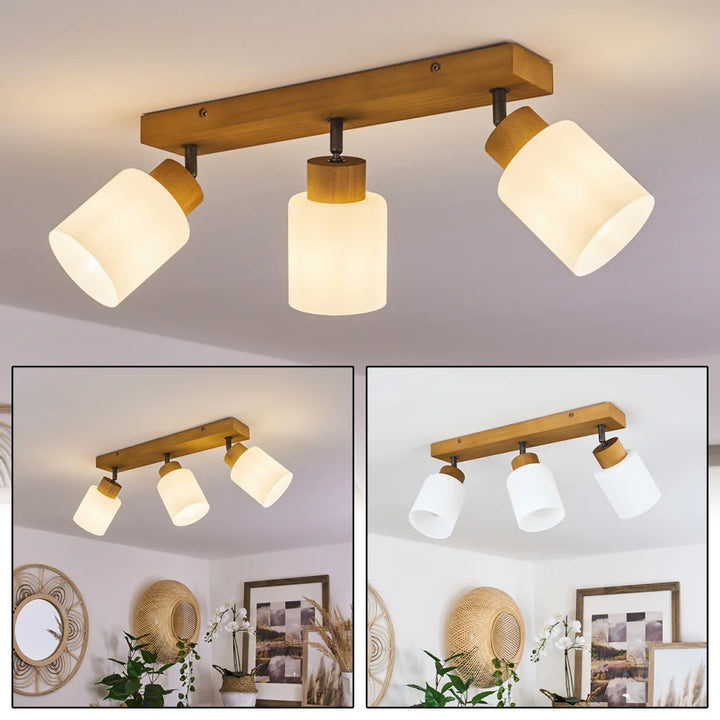 Scandinavian Ceiling Light with Wooden Base and Frosted Glass Shades