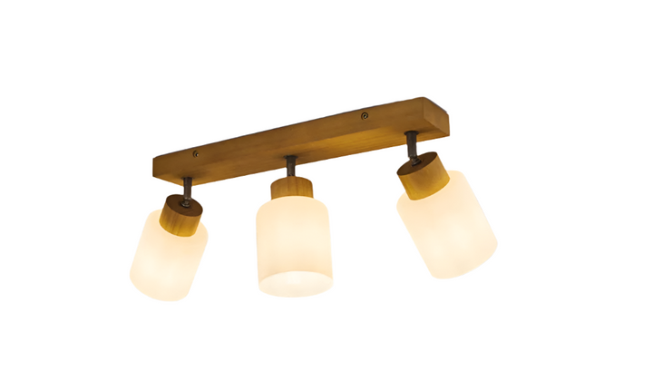 Scandinavian Ceiling Light with Wooden Base and Frosted Glass Shades