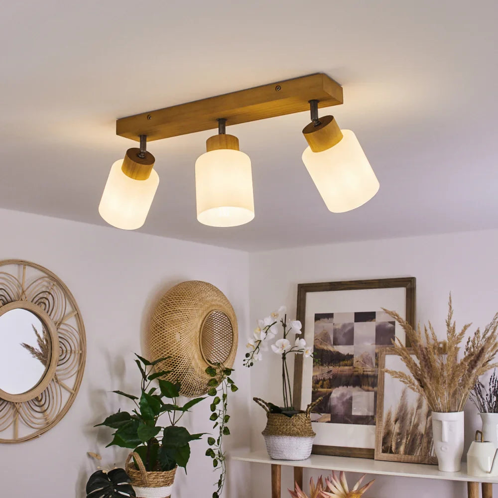 Scandinavian Ceiling Light with Wooden Base and Frosted Glass Shades