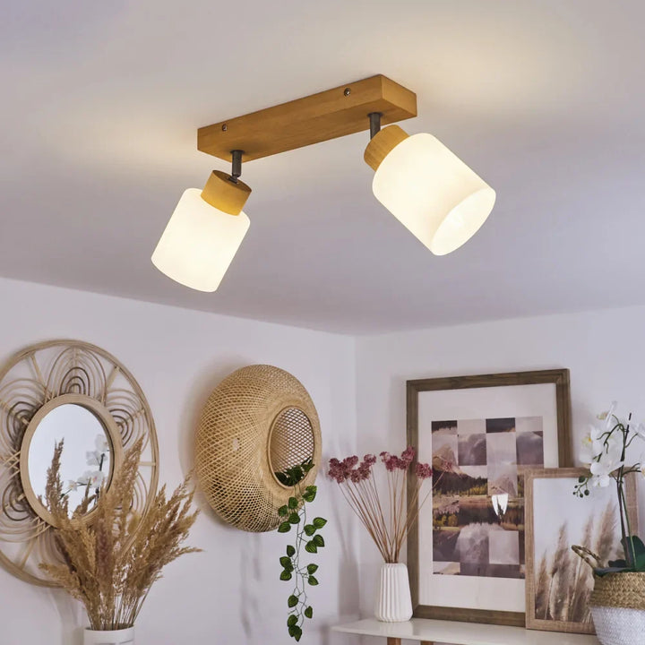 Scandinavian Ceiling Light with Wooden Base and Frosted Glass Shades