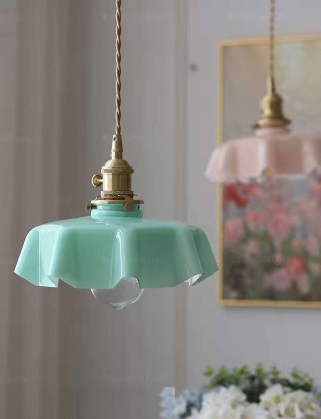 Vintage Glass Pendant in Mint Pink & White color