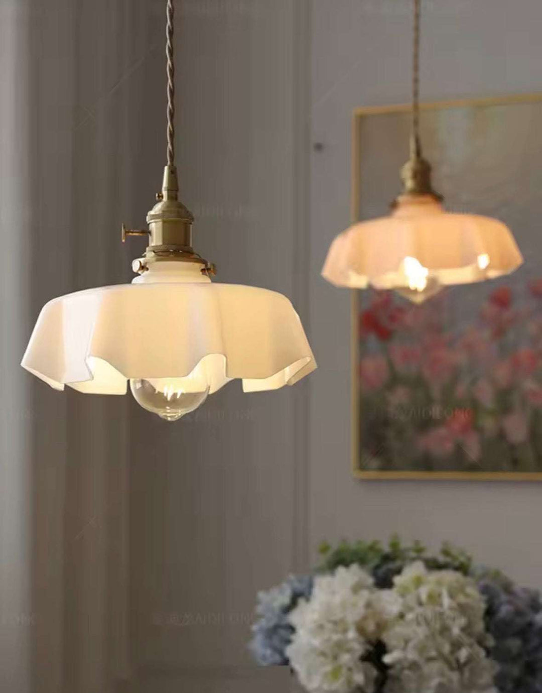 Vintage glass pendant with mint scalloped shade and brass holder in retro style